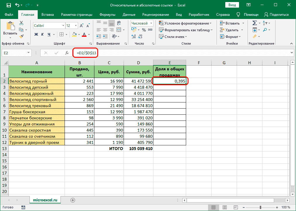 Абсолютная ссылка в формуле Excel