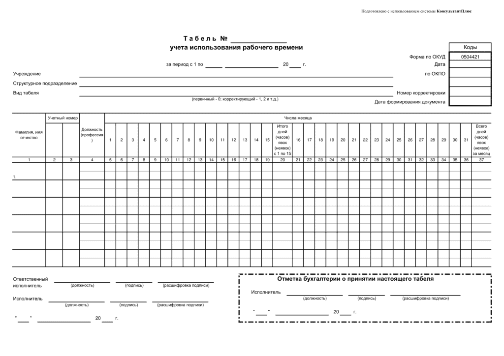 Табель учета рабочего времени 0504421