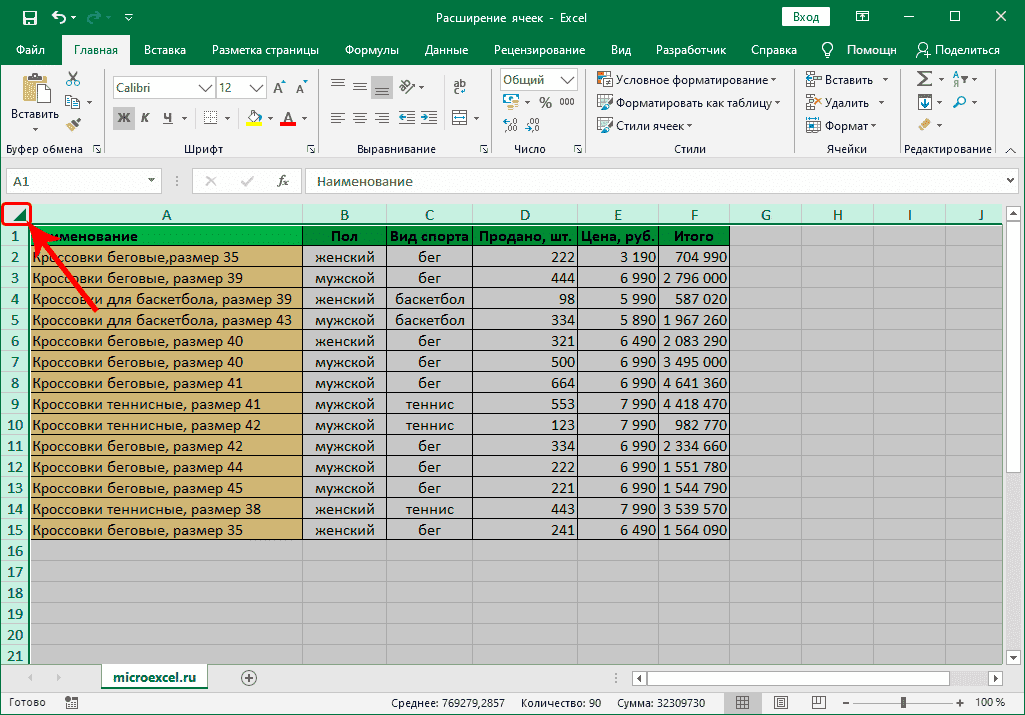 Выделить все ячейки на листе в Excel