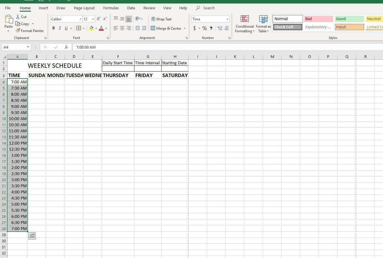 Снимок экрана с измененным размером шрифта в столбце A