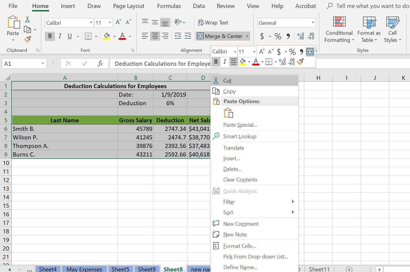 Контекстное меню в Excel, щелкнув правой кнопкой мыши с выбранным пунктом «Вырезать.