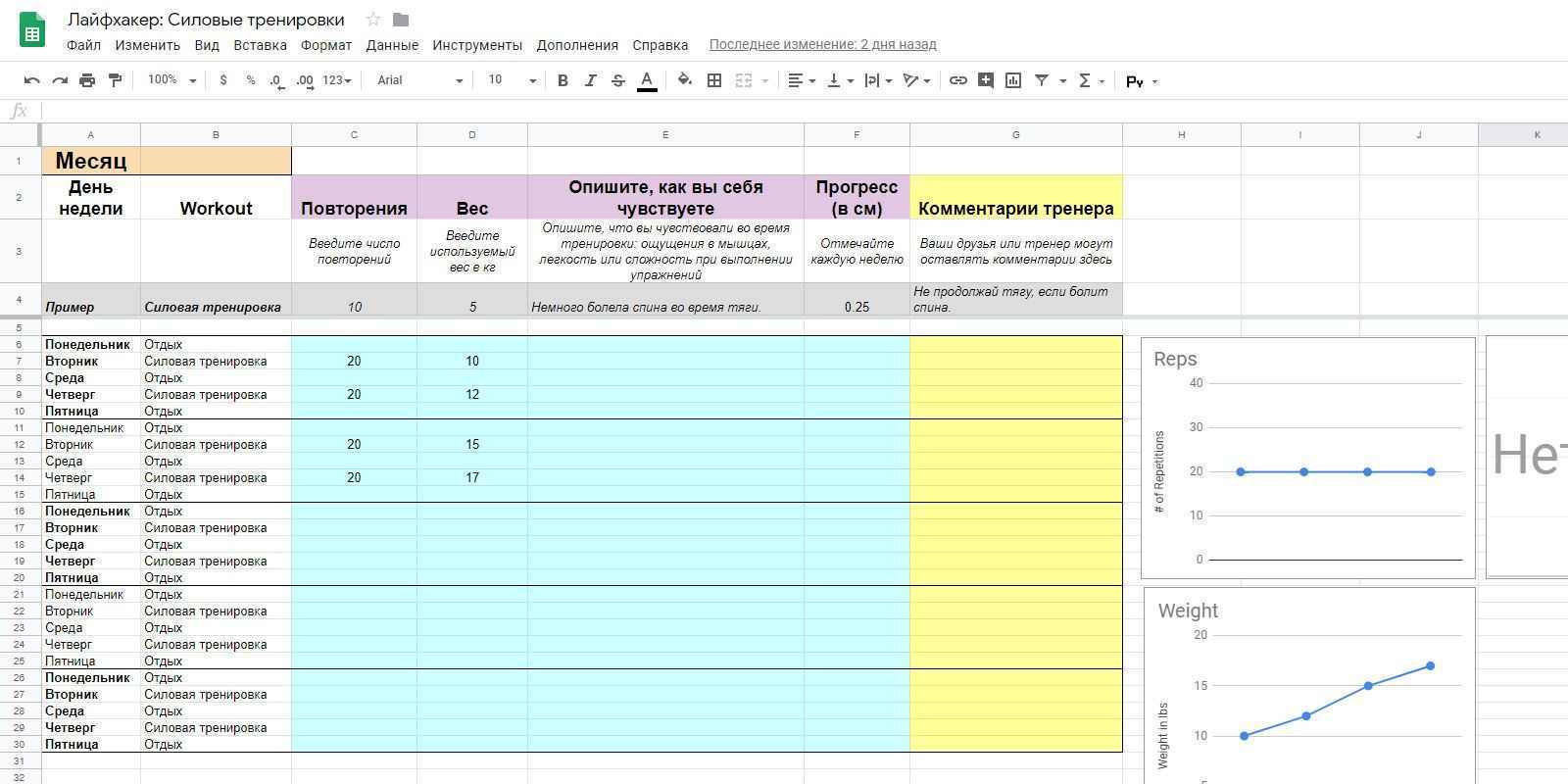 Шаблон силовой тренировки в Google Таблицах