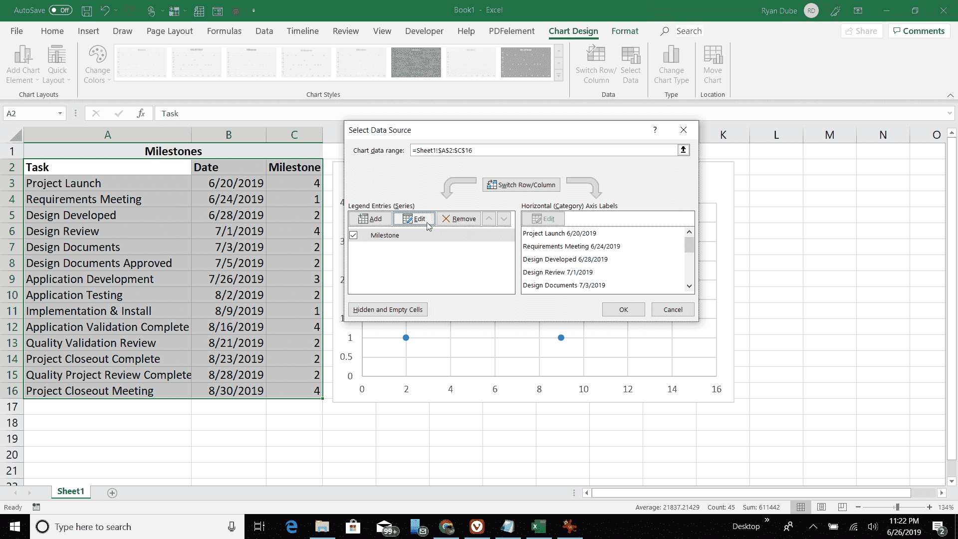 Снимок экрана для выбора источника данных диаграммы рассеяния