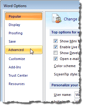 При нажатии кнопки «Дополнительно» в диалоговом окне «Параметры Word» в Word 2007