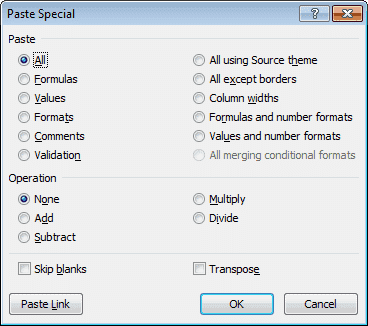 Вставить параметры в Excel