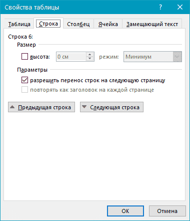 таблица (разрыв строки) в Word