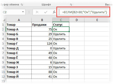 Функция ЕСЛИ в Excel с одним условием 