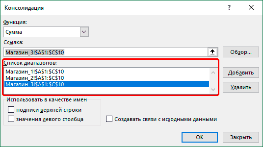 Список диапазонов в настройках консолидации в Excel