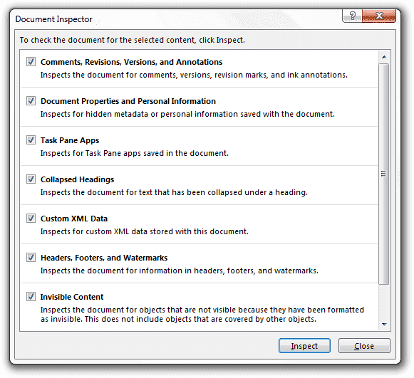 Инспектор документов Microsoft Word 2013