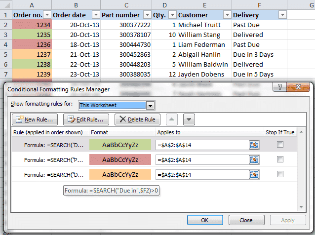 Цвет строки по значению ячейки в Excel