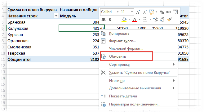 Обновление сводной таблицы