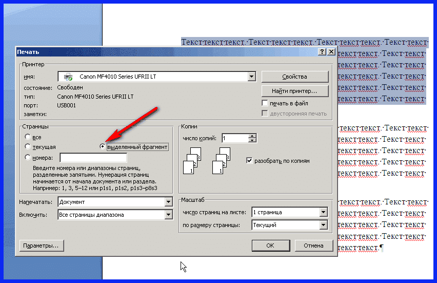 Как распечатать выделение в Word