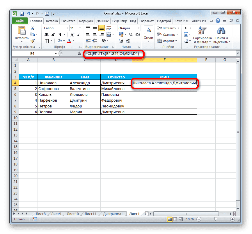 Результат обработки данных функцией СЦЕПИТЬ в Microsoft Excel