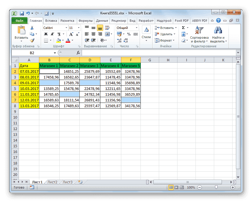 Пустые ячейки выделяются в Microsoft Excel