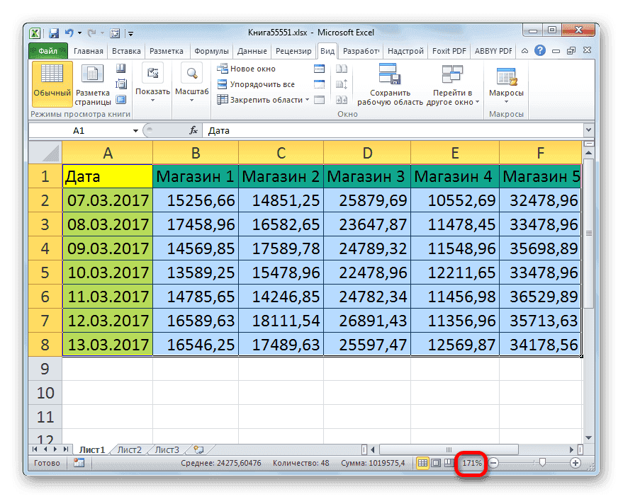 Таблица, масштабированная выбором в Microsoft Excel