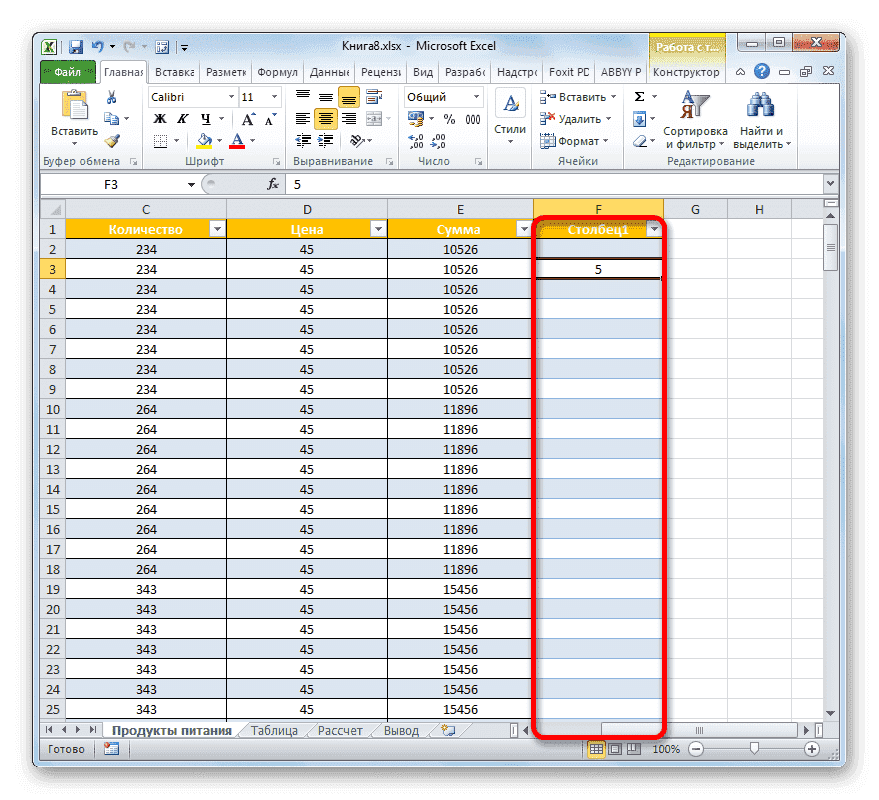 Новый столбец включен в таблицу в Microsoft Excel