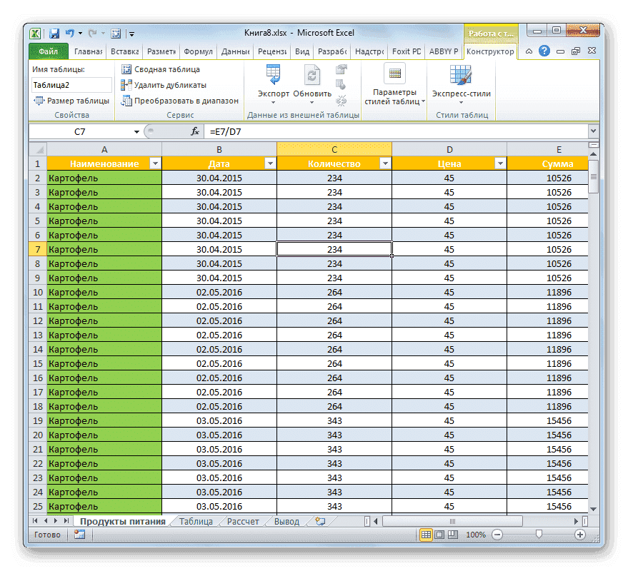 Умная таблица, созданная в Microsoft Excel