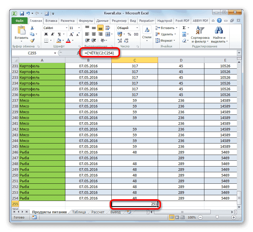 Результат вычисления функции СЧЁТ в Microsoft Excel