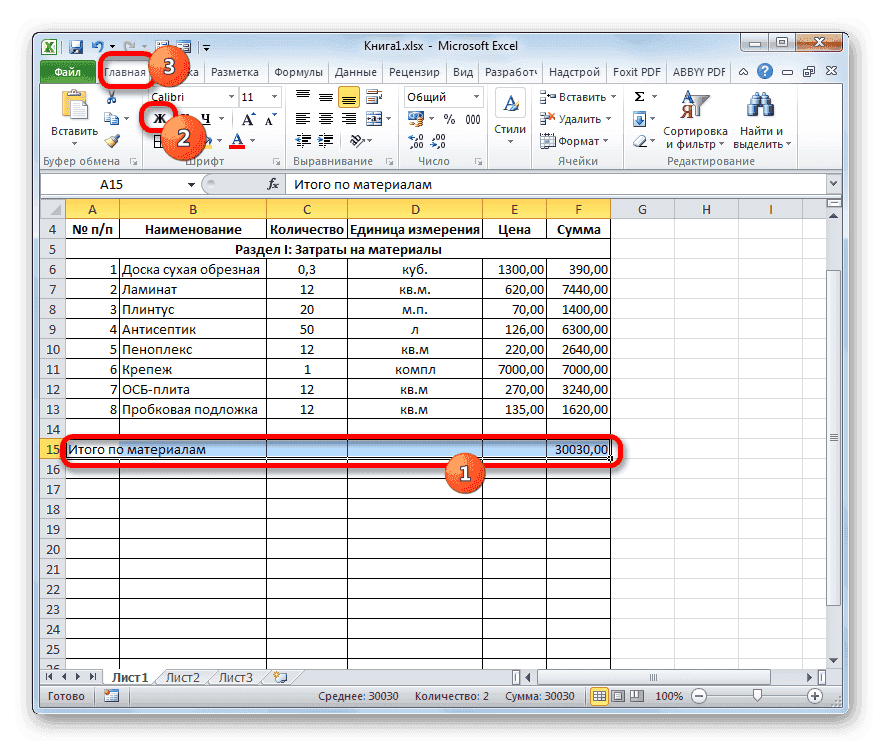Жирный шрифт в строке «Итого для материалов» в Microsoft Excel