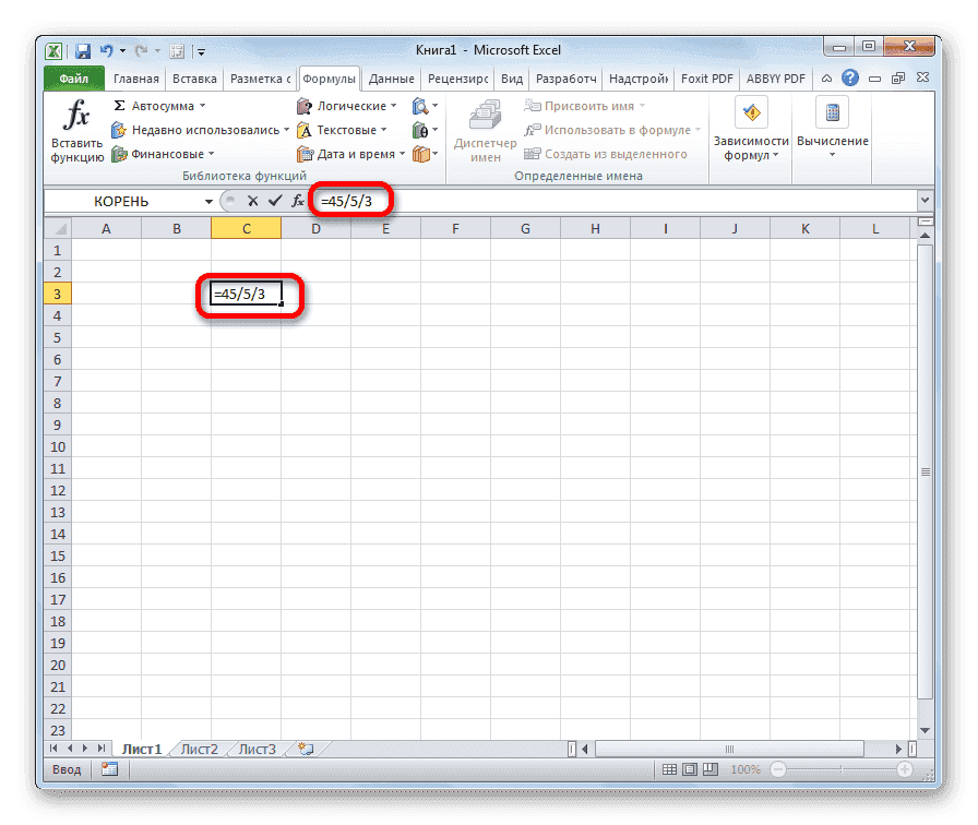 Формула деления в Microsoft Excel