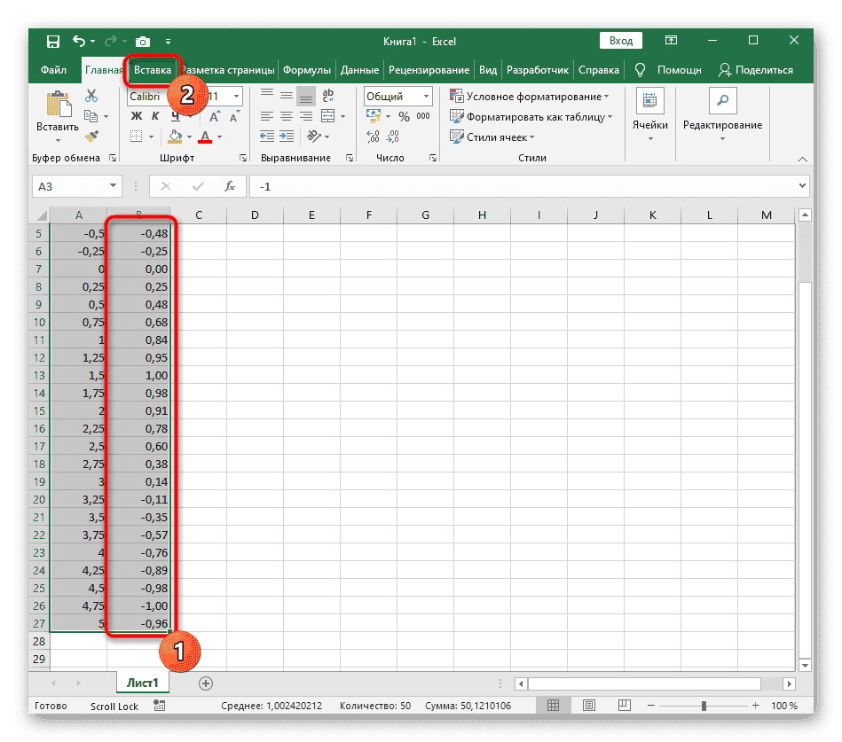 Выбор диапазона данных для графика функции y=sin(x) в Excel 