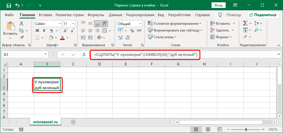 Результат разрыва строки в ячейке Excel с помощью функции СЦЕПИТЬ