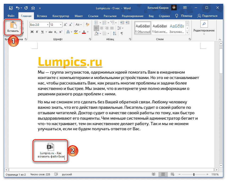 Результат простой вставки файла с таблицей Excel в текстовый документ Word