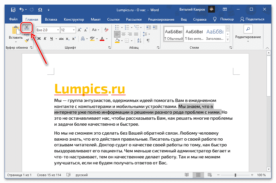 Вырежьте выделенный фрагмент текста с помощью кнопки на ленте, чтобы переместить его в документ Microsoft Word