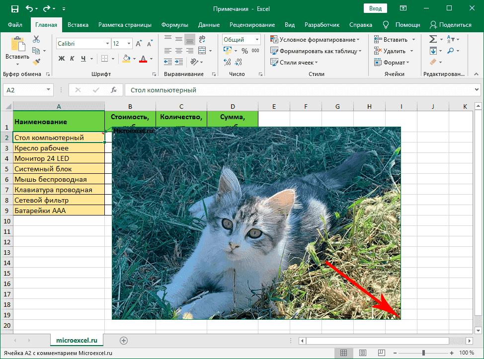 Изображение в заметке в Excel